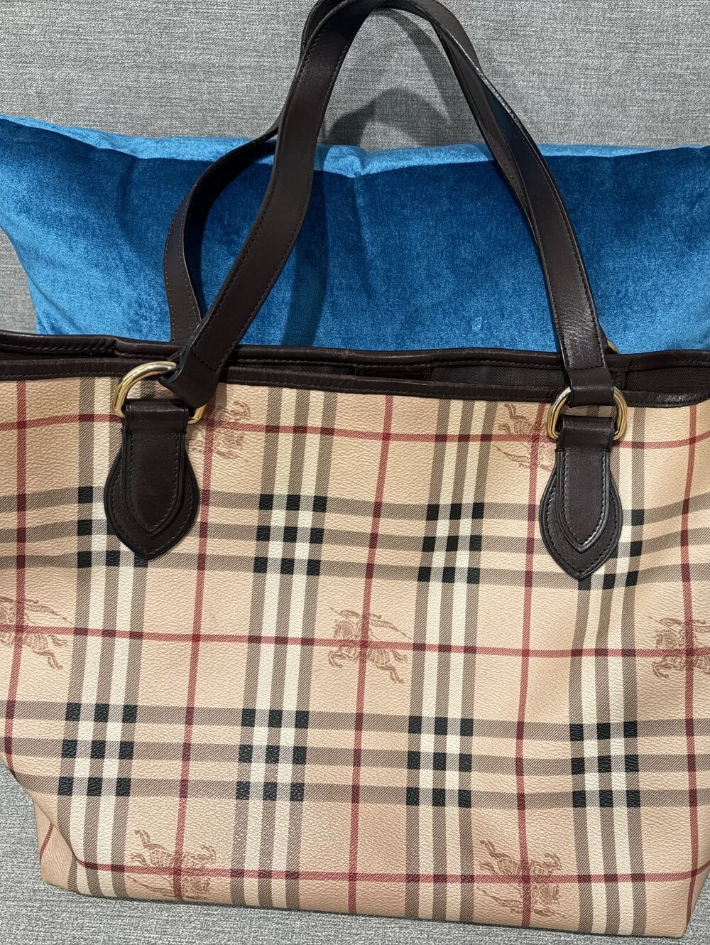 Vintage Burberry Haymarket Check Plaid Shoulder Tote W/Dk Brown Leather Straps - Picture 2 of 16